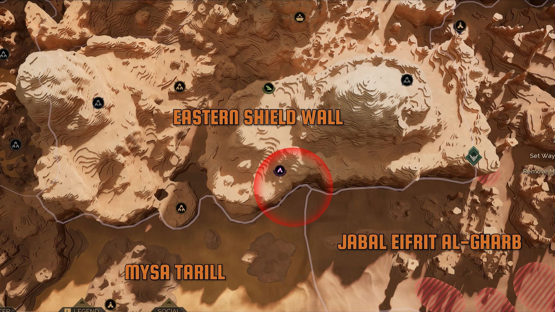 You’ll want to navigate toward the border where Mysa Tarill, Eastern Shield Wall, and Jabal Eifrit Al-Gharb meet (Image via Funcom)
